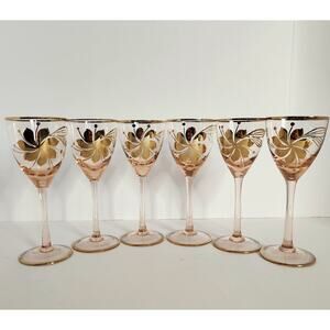 Vintage Pink Gold Floral Wine Cordial Glasses Set of 6 Goblets Retro Stemware